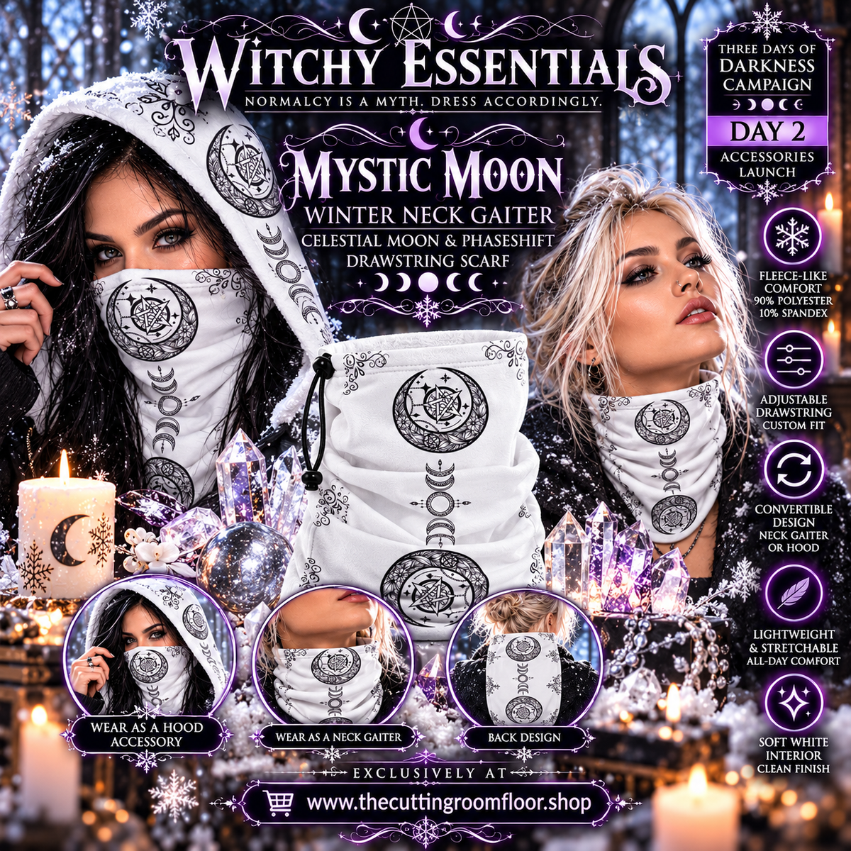 Mystic Moon Winter Neck Gaiter — Celestial Moon & Phaseshift Drawstring Scarf