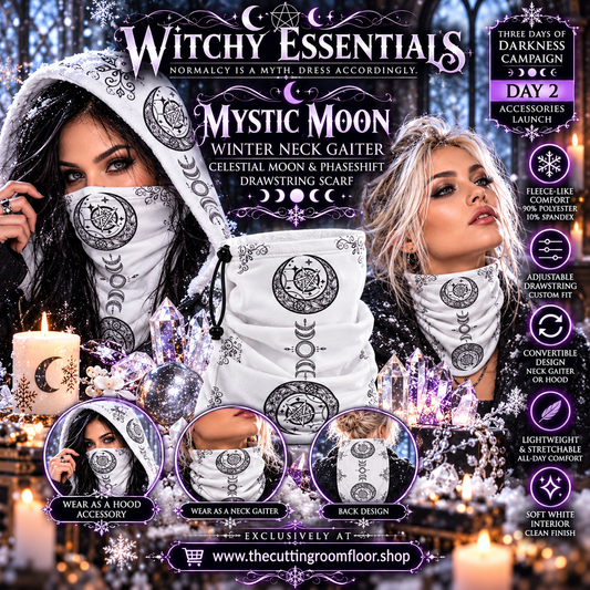 Mystic Moon Winter Neck Gaiter — Celestial Moon & Phaseshift Drawstring Scarf